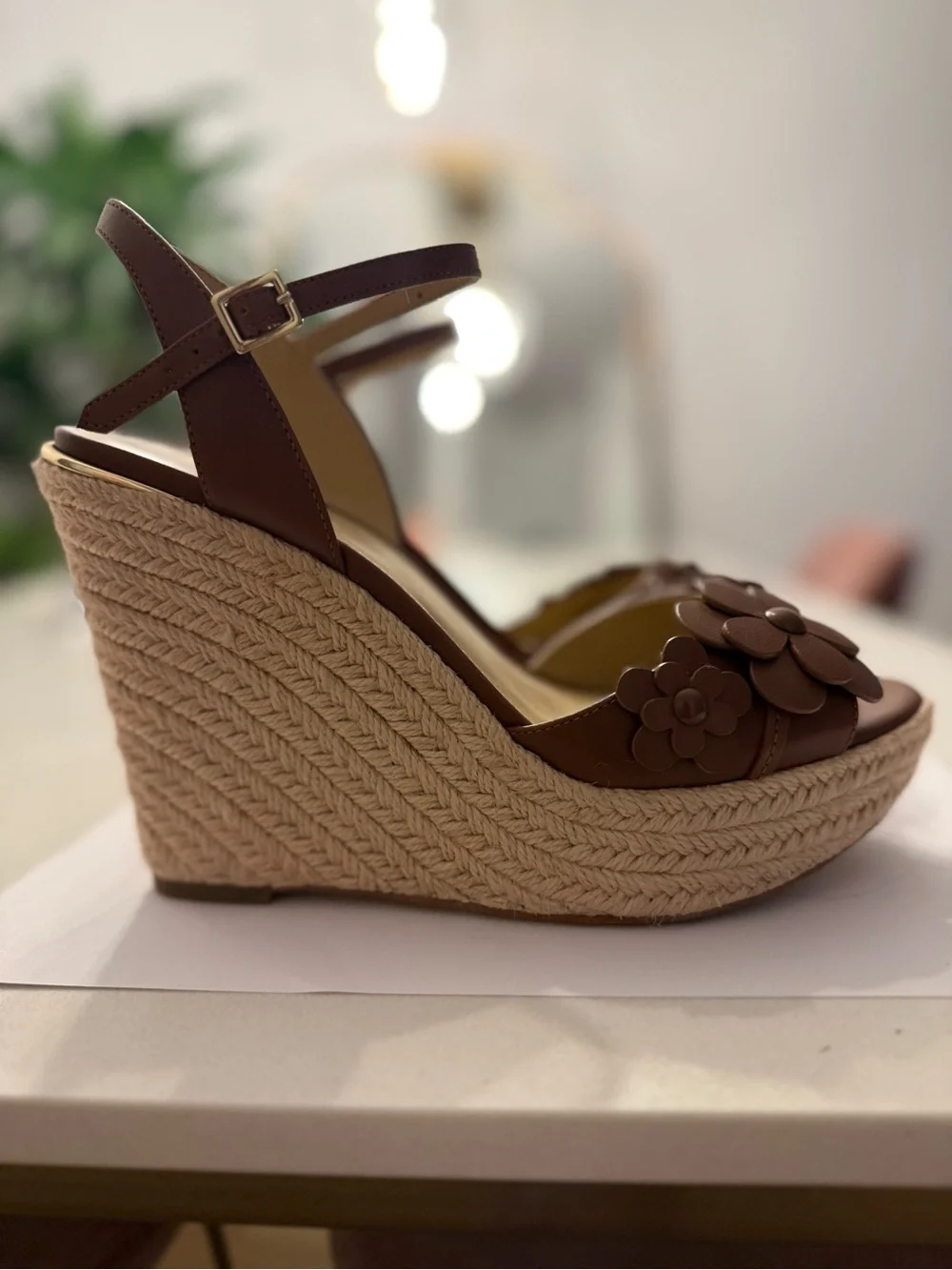 Michael Kors Tan Floral Leather Espadrille Wedge Sandals